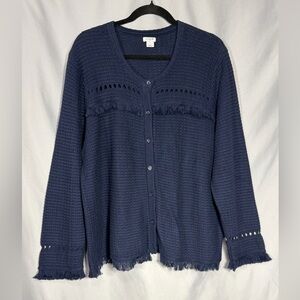 J. CREW Cardigan Sweater Women’s Navy Blue Fringe Waffle Knit Button-Up Sz 2X